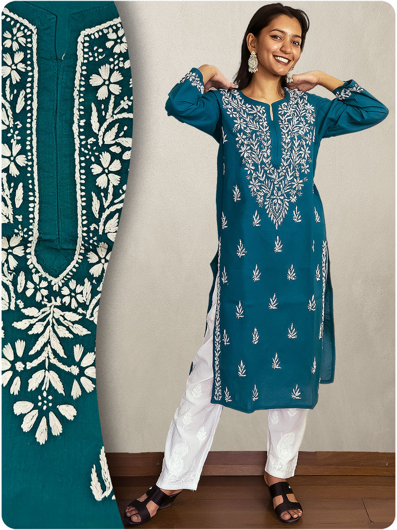 Cotton Chikankari Long Kurta - Blue