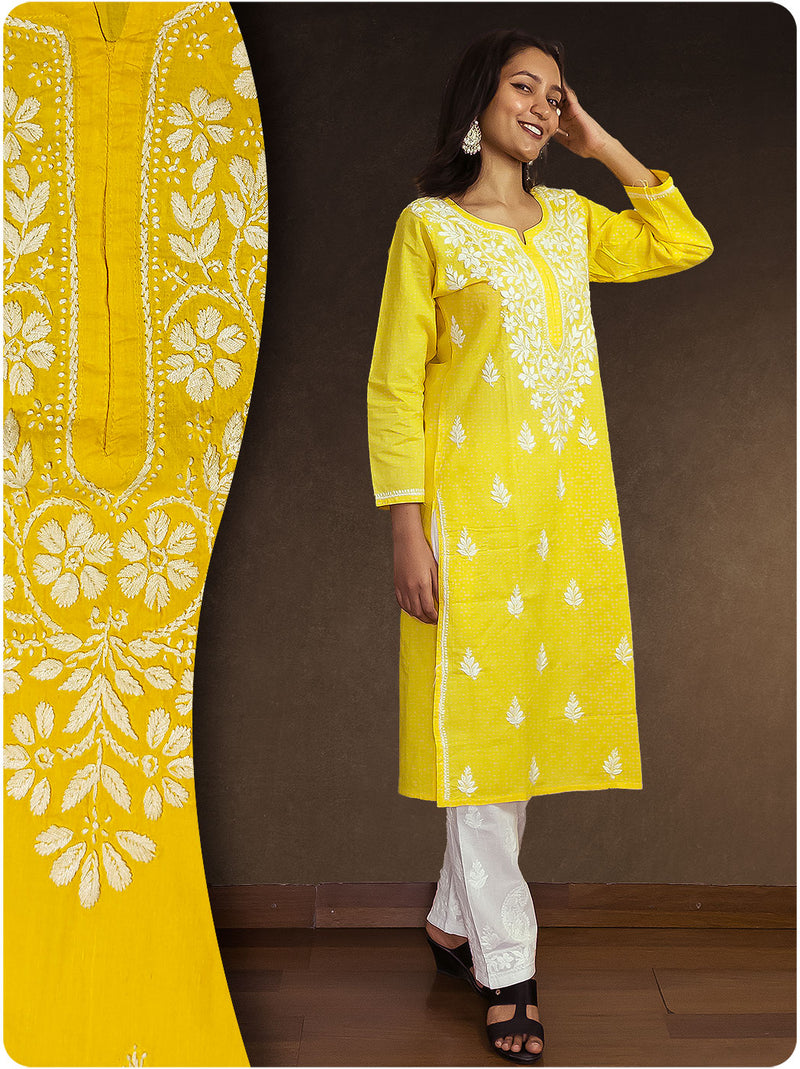 Cotton Chikankari Long Kurta - Yellow