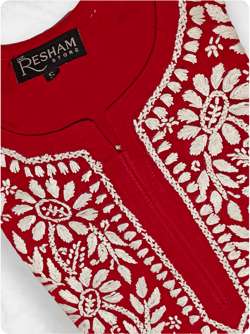 Cotton Chikankari Long Kurta - Red