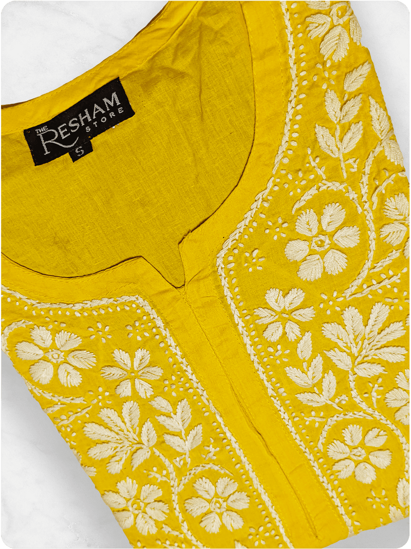 Cotton Chikankari Long Kurta - Yellow