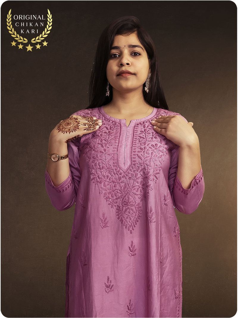 Chanderi Chikankari Kurti - Purple