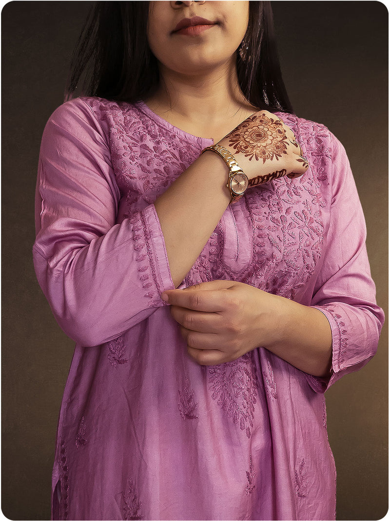 Chanderi Chikankari Kurti - Purple