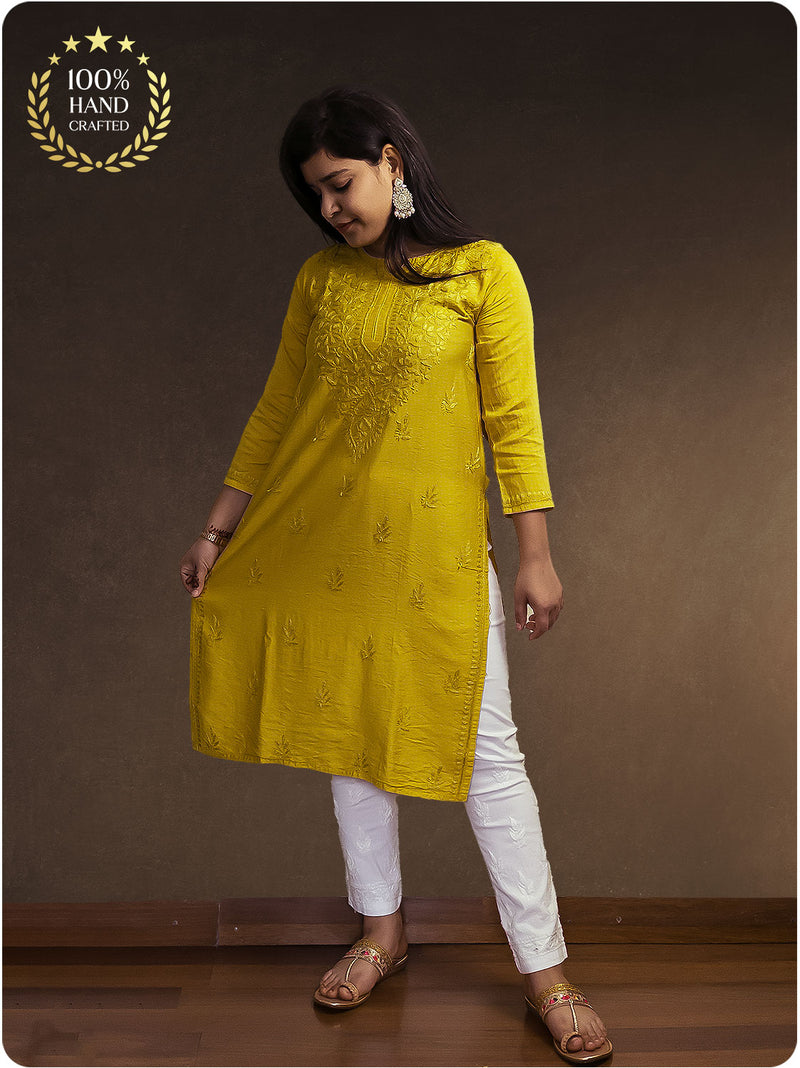 Chanderi Chikankari Kurti - Yellow