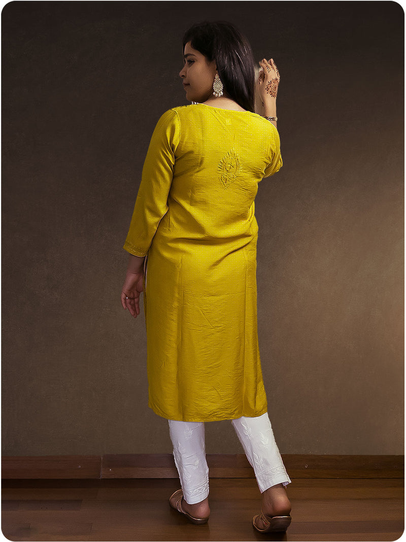 Chanderi Chikankari Kurti - Yellow