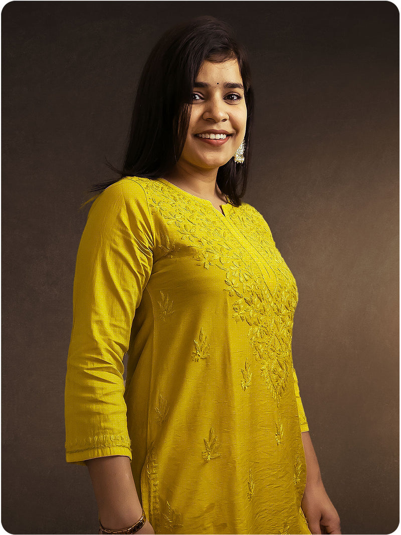 Chanderi Chikankari Kurti - Yellow