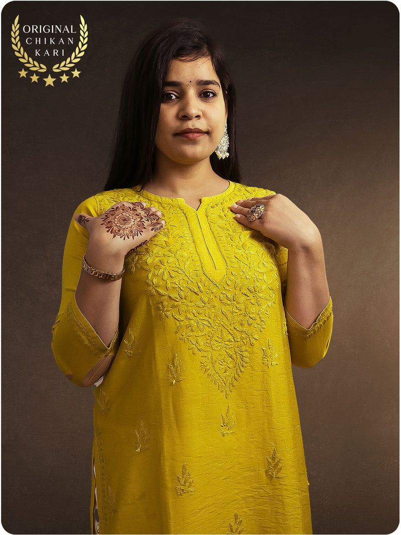 Chanderi Chikankari Kurti - Yellow