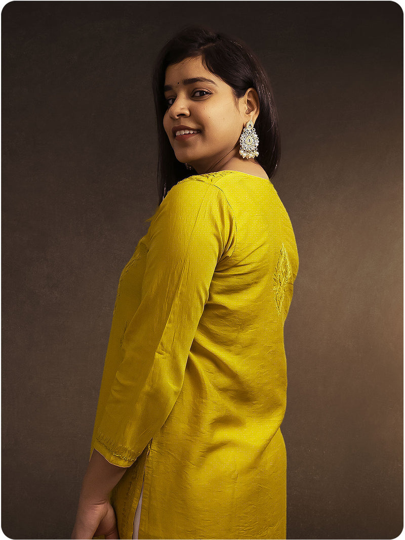 Chanderi Chikankari Kurti - Yellow