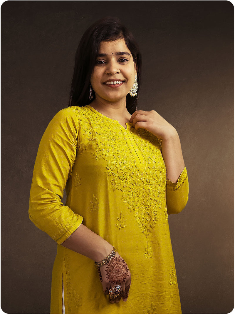 Chanderi Chikankari Kurti - Yellow