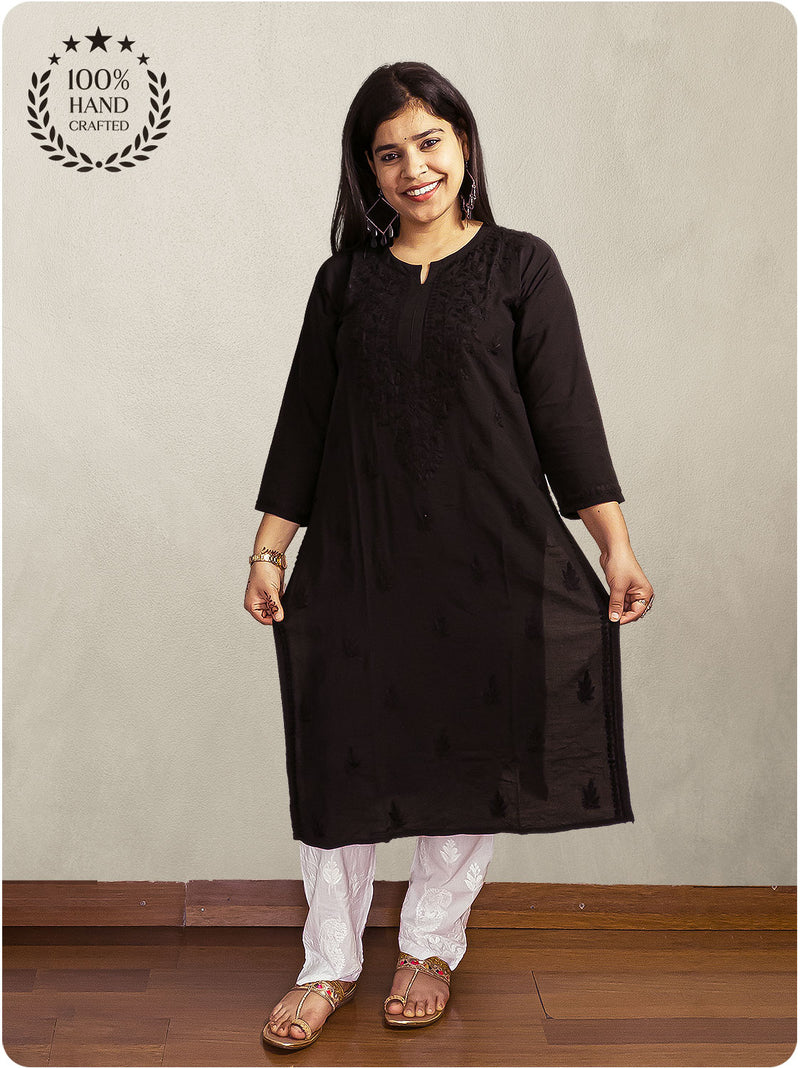 Chanderi Chikankari Kurti - Black