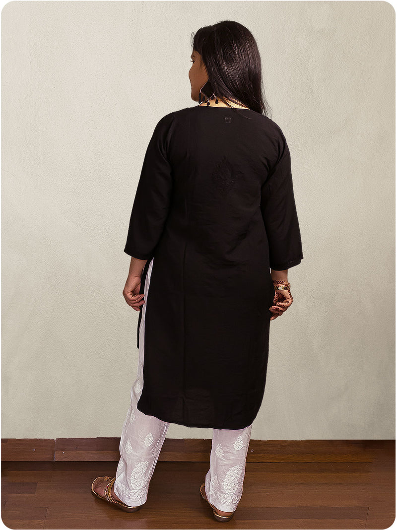 Chanderi Chikankari Kurti - Black