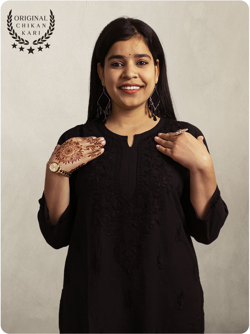 Chanderi Chikankari Kurti - Black