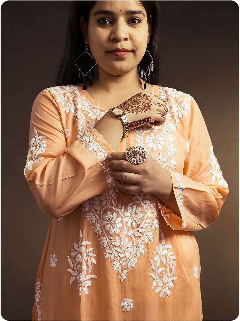 Modal Heavy Chikankari Kurta - Orange