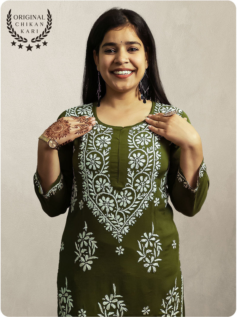 Modal Heavy Chikankari Kurta - Green