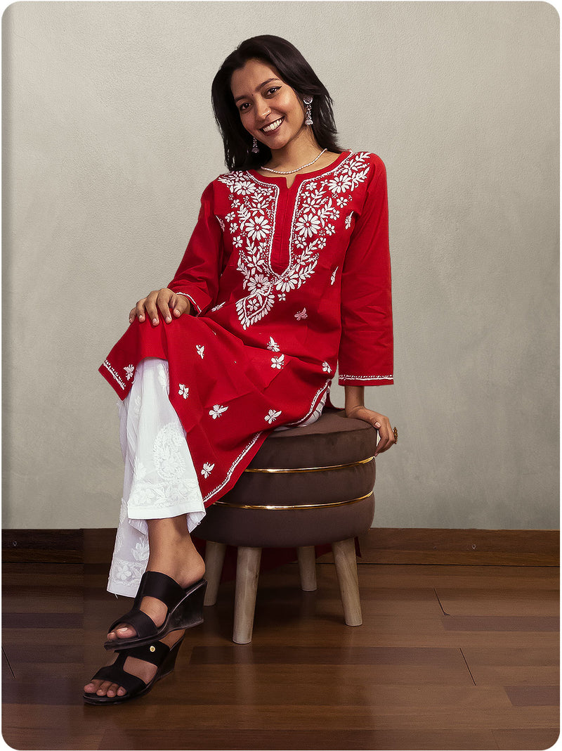 Cotton Chikankari Long Kurta - Red