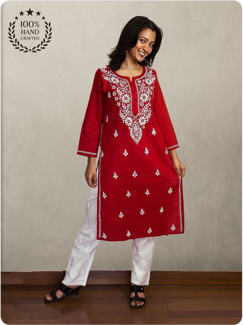 Cotton Chikankari Long Kurta - Red