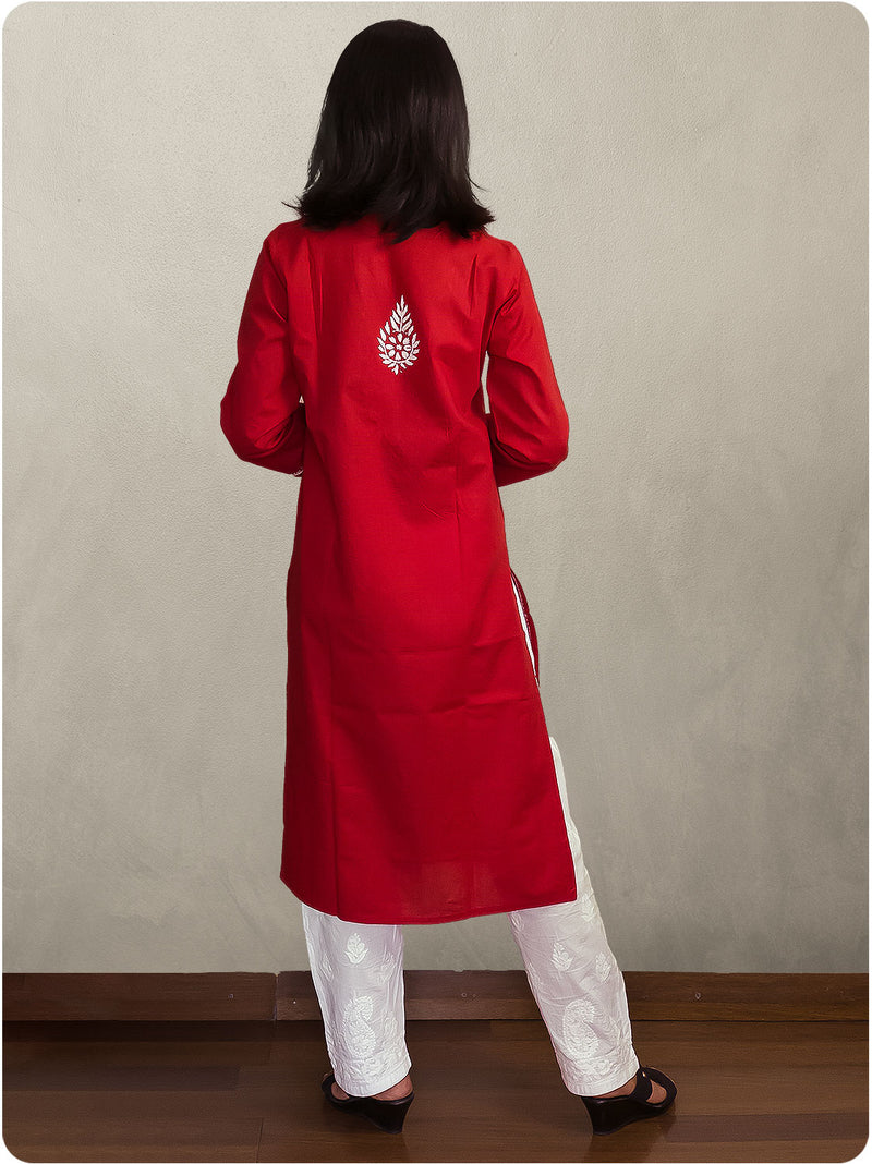 Cotton Chikankari Long Kurta - Red