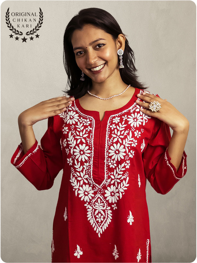 Cotton Chikankari Long Kurta - Red