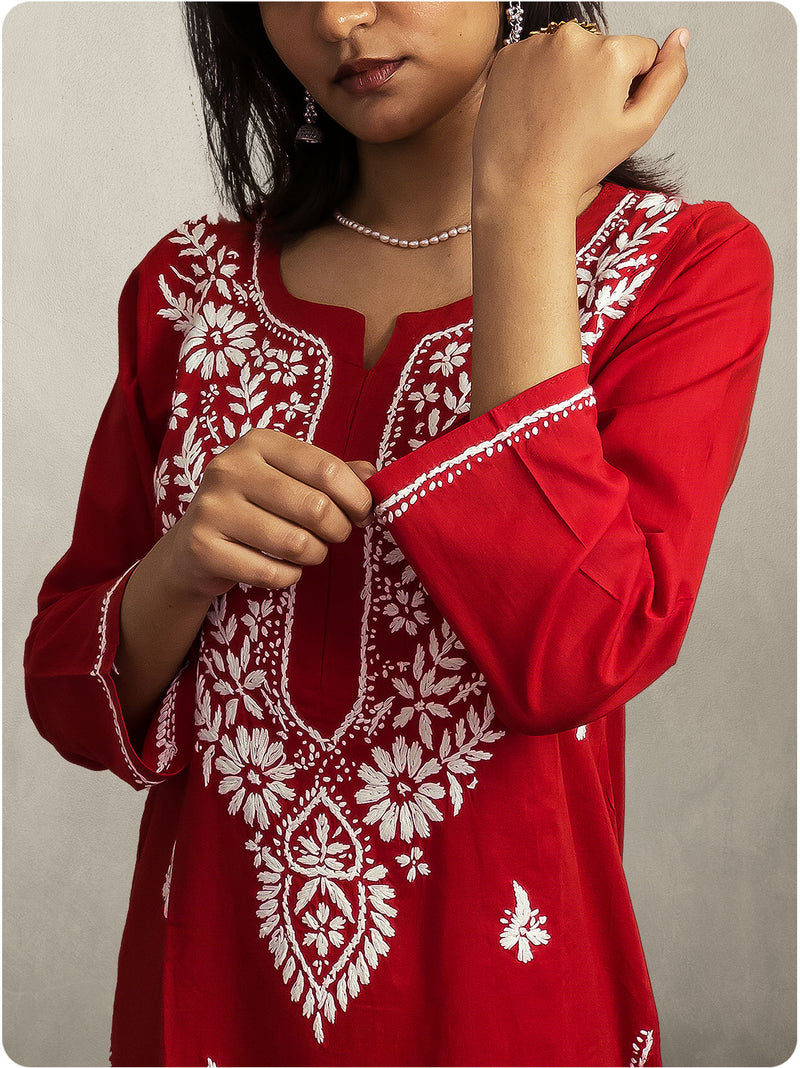 Cotton Chikankari Long Kurta - Red