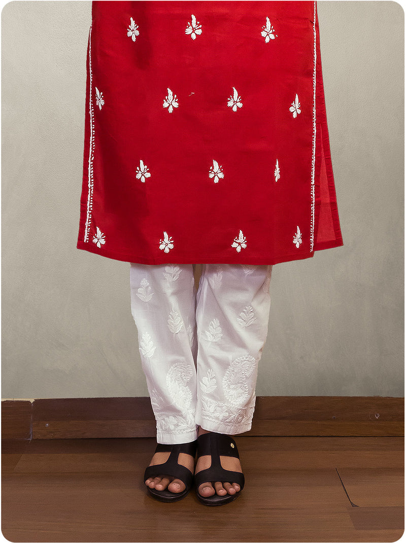 Cotton Chikankari Long Kurta - Red