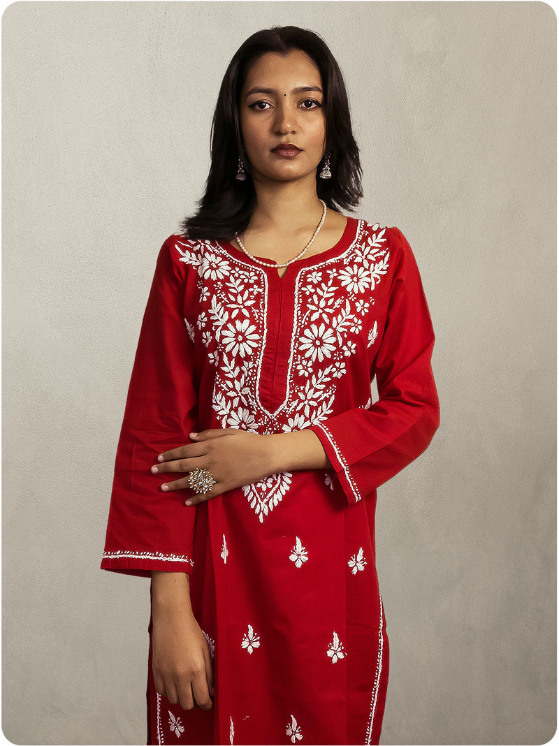 Cotton Chikankari Long Kurta - Red