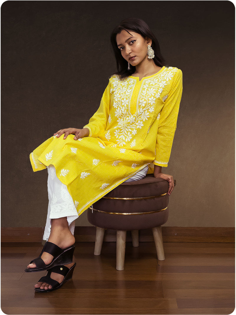 Cotton Chikankari Long Kurta - Yellow