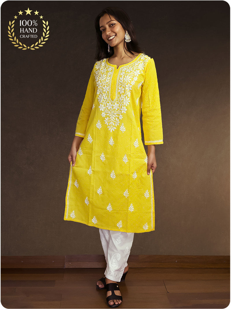 Cotton Chikankari Long Kurta - Yellow