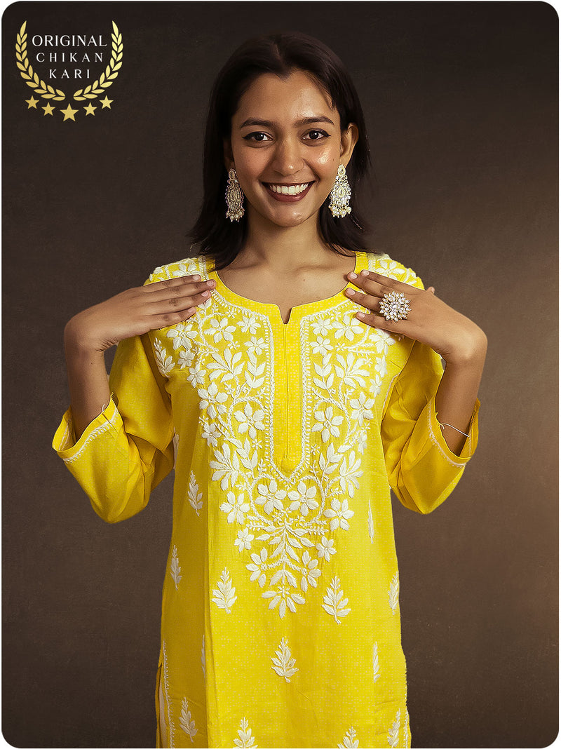 Cotton Chikankari Long Kurta - Yellow