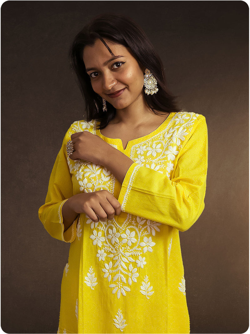 Cotton Chikankari Long Kurta - Yellow