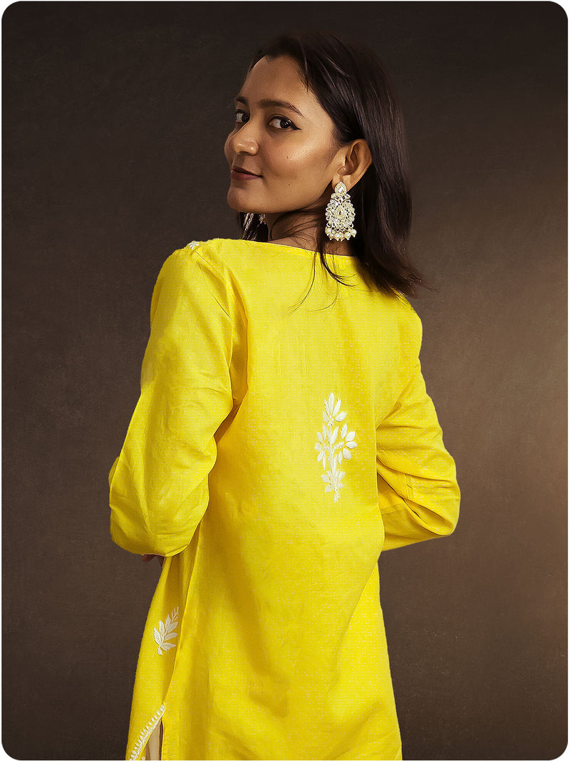 Cotton Chikankari Long Kurta - Yellow