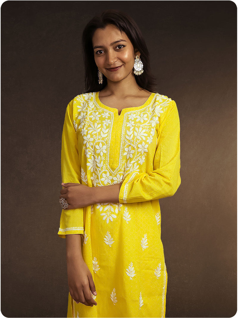 Cotton Chikankari Long Kurta - Yellow