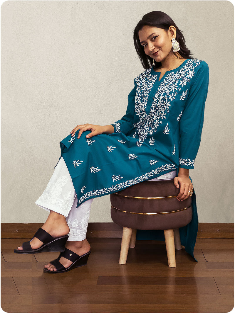 Cotton Chikankari Long Kurta - Blue