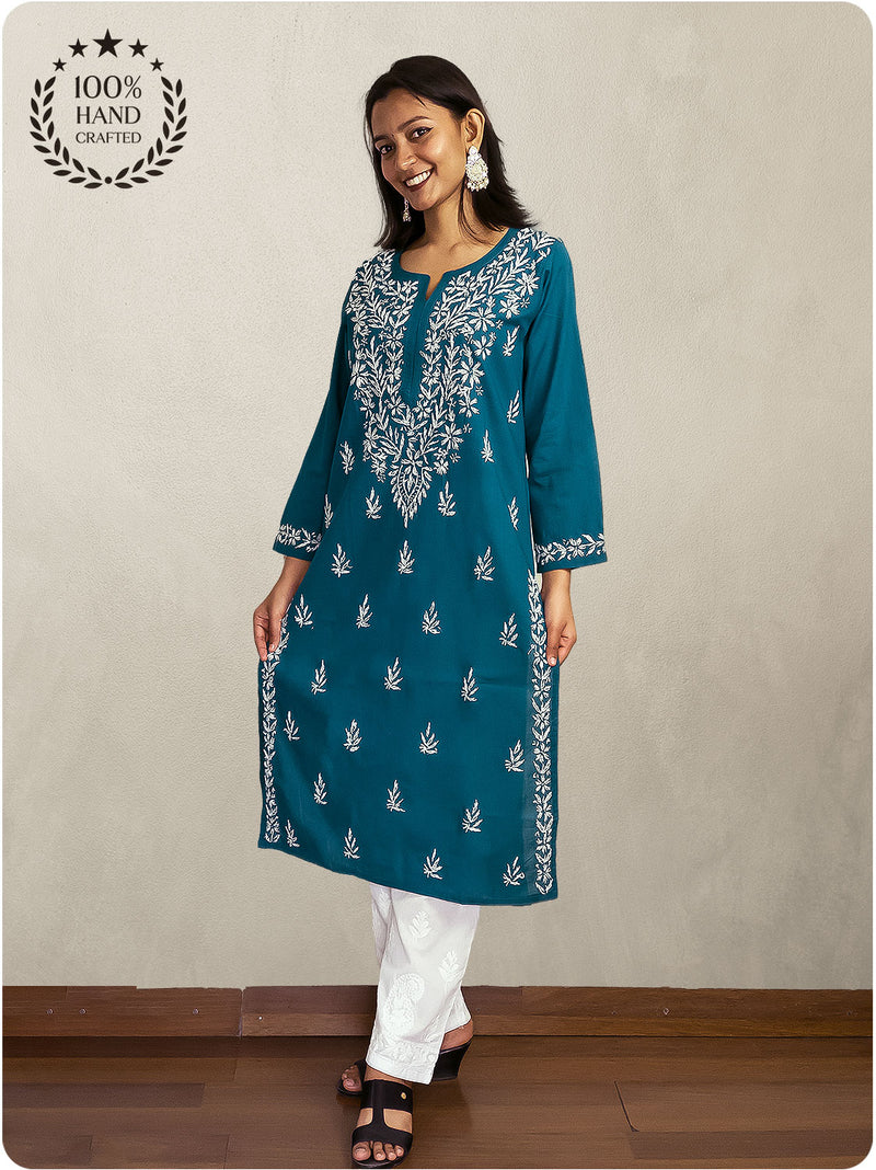 Cotton Chikankari Long Kurta - Blue