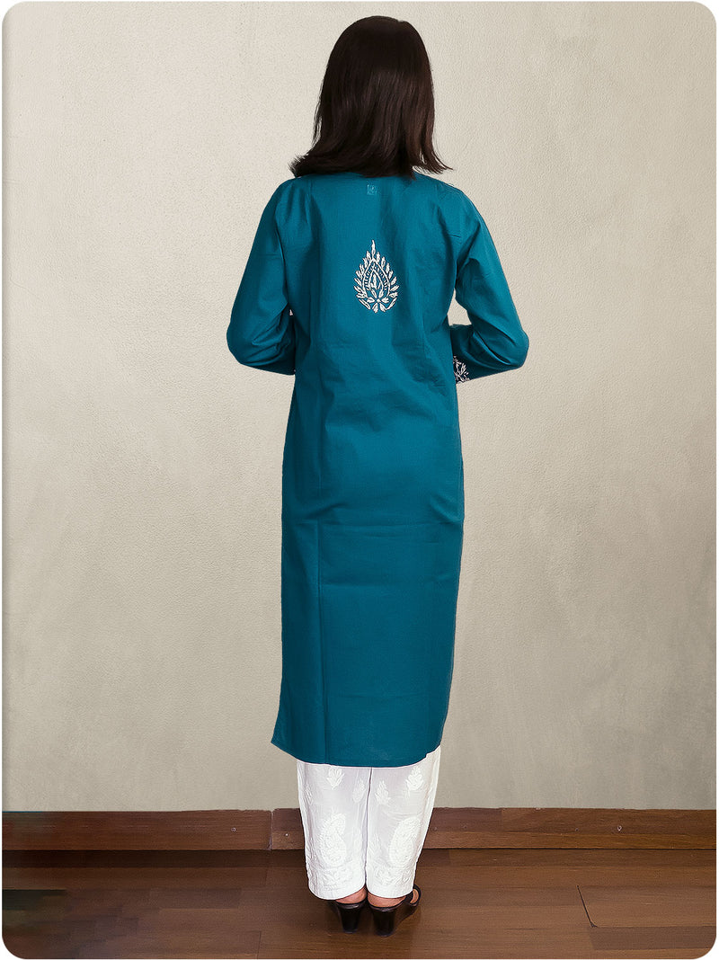 Cotton Chikankari Long Kurta - Blue