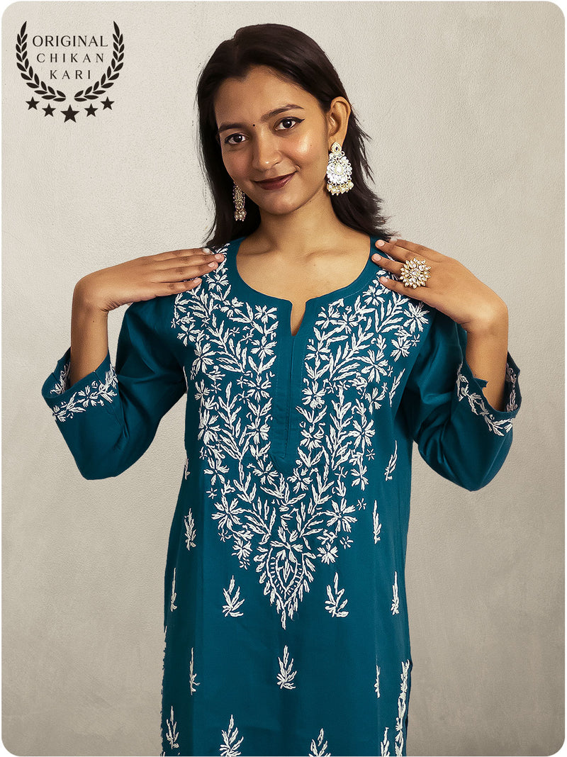 Cotton Chikankari Long Kurta - Blue