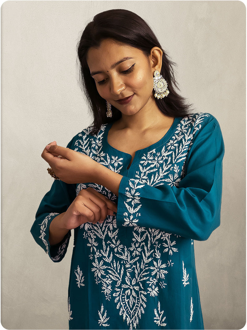 Cotton Chikankari Long Kurta - Blue