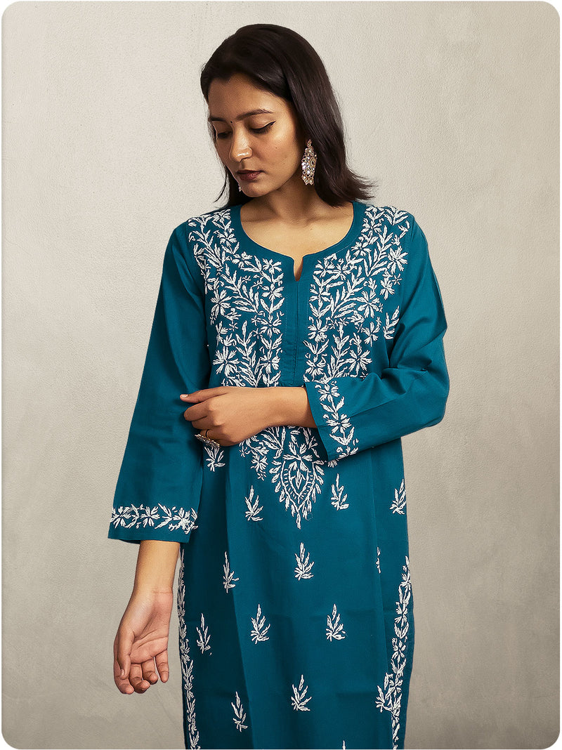 Cotton Chikankari Long Kurta - Blue