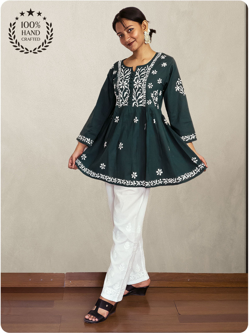 Cotton Chikankari Short Gown  - Green