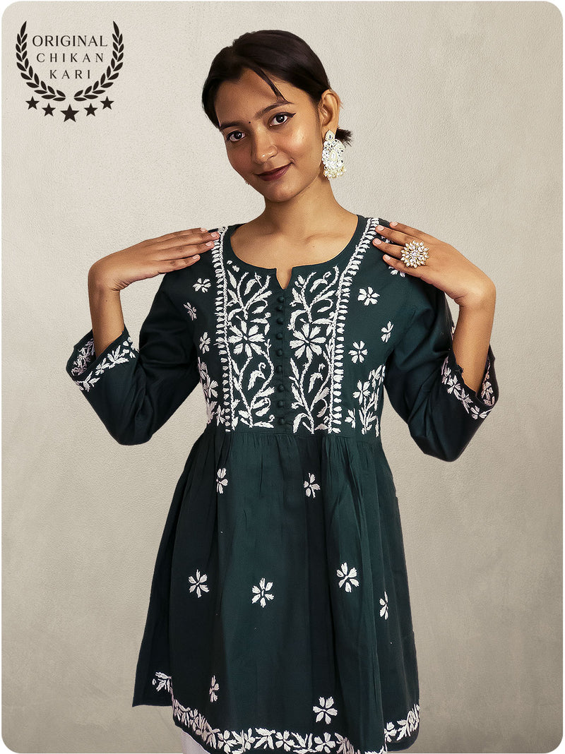 Cotton Chikankari Short Gown  - Green