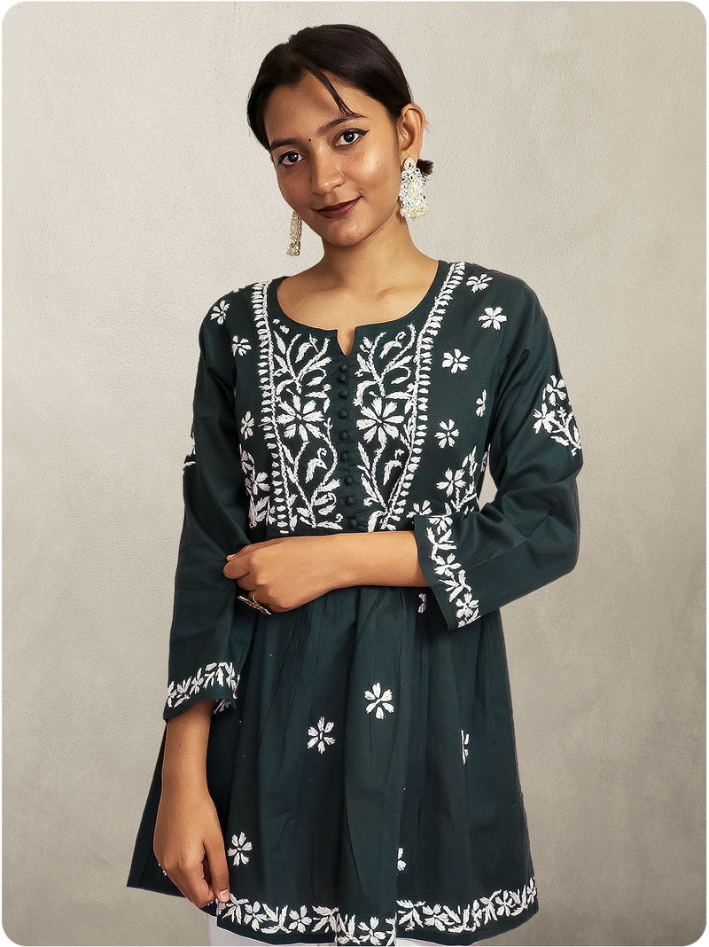 Cotton Chikankari Short Gown  - Green