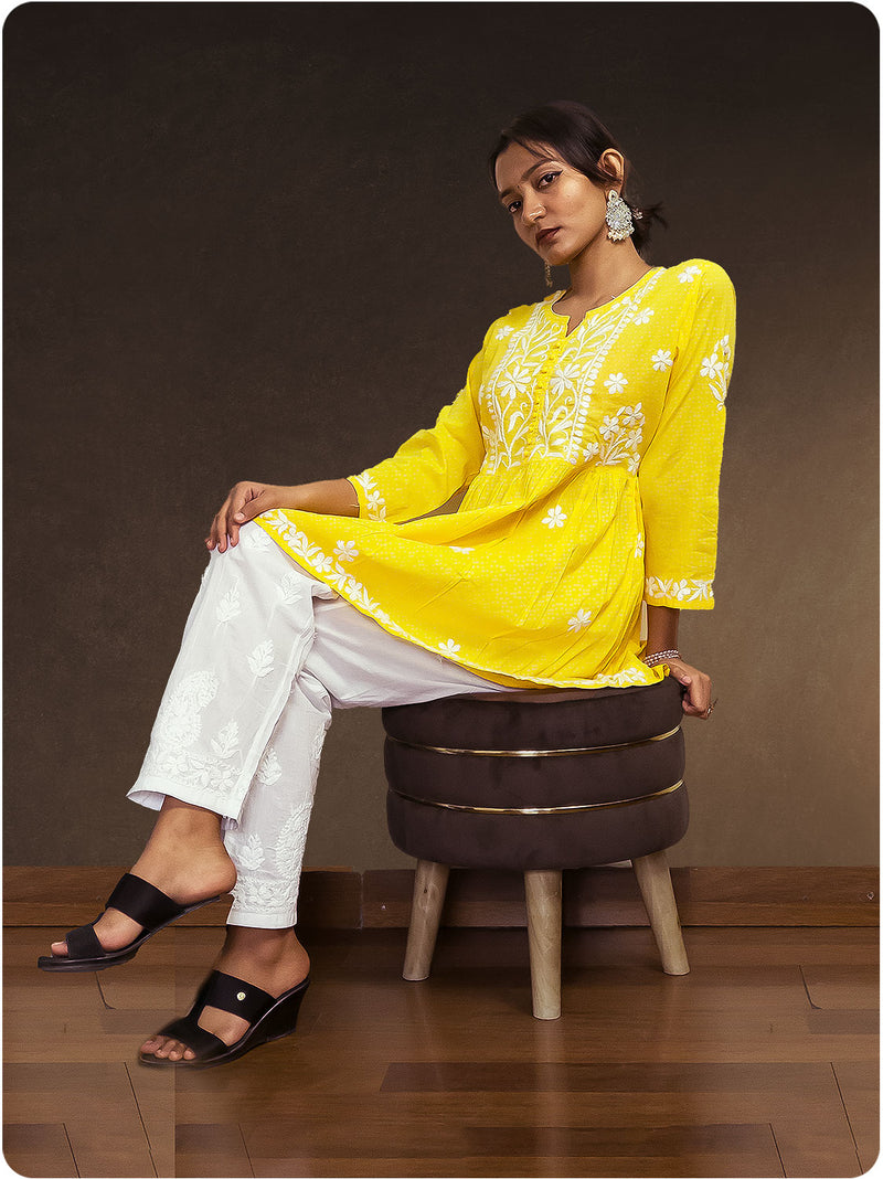 Cotton Chikankari Gown  - Yellow