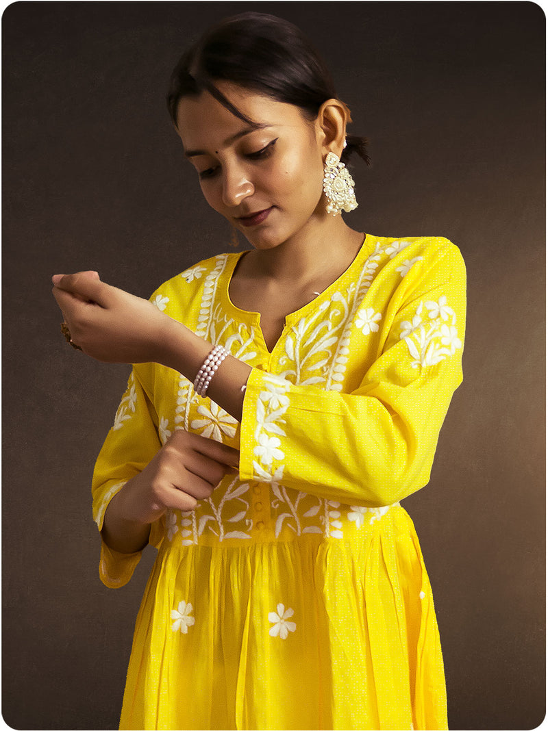 Cotton Chikankari Gown  - Yellow