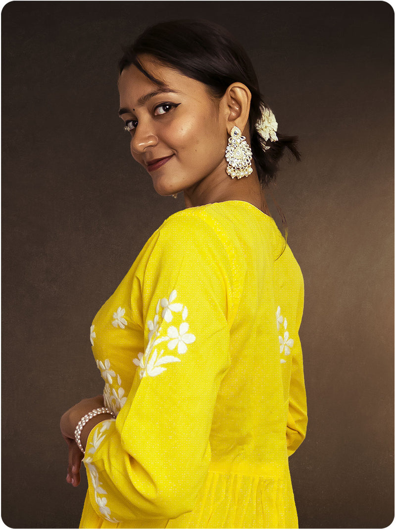 Cotton Chikankari Gown  - Yellow