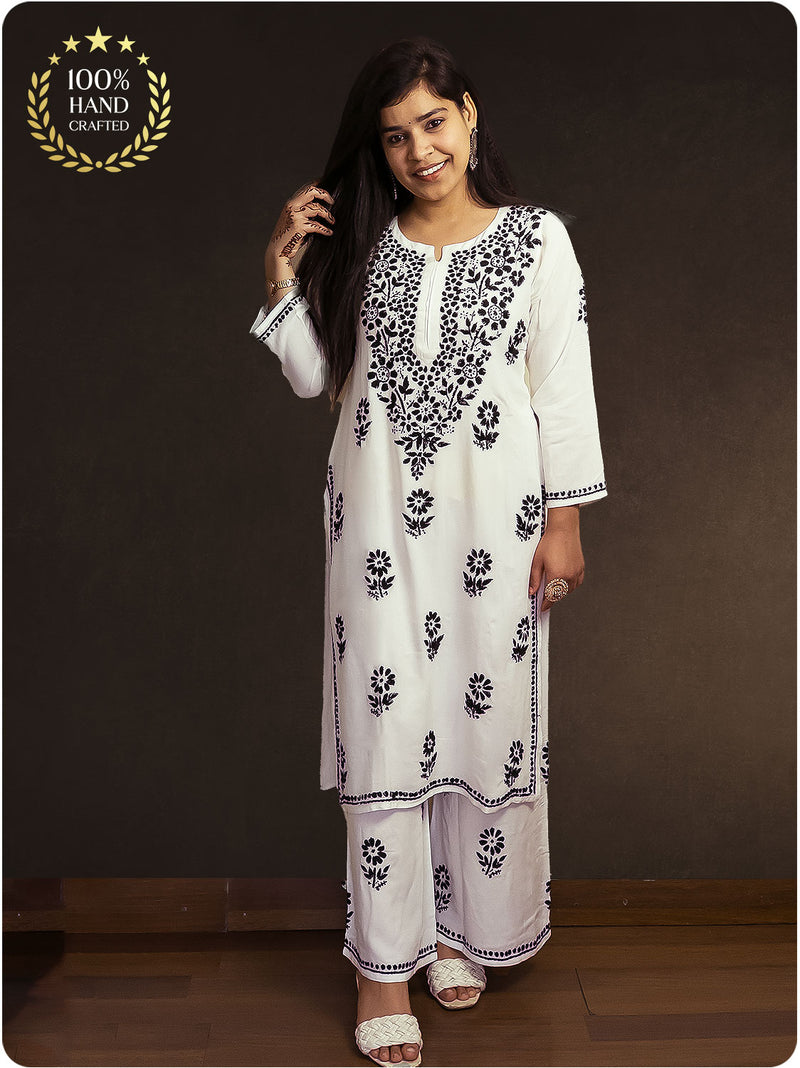 Rayon Chikankari Kurta Set - White