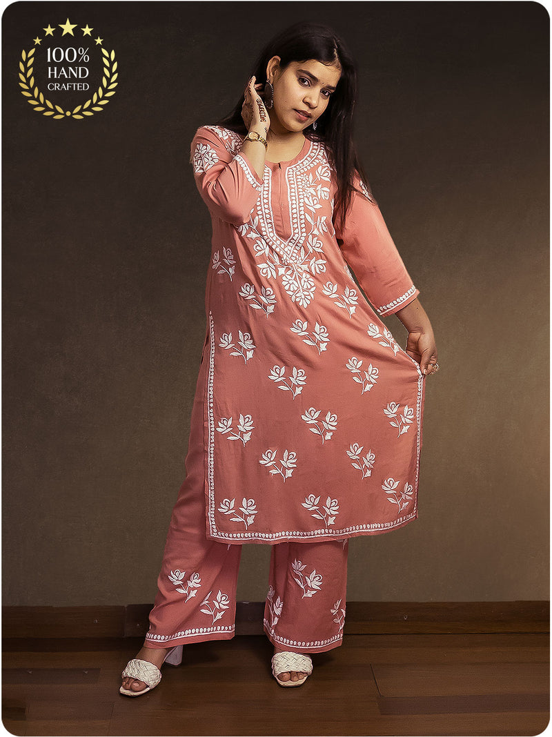 Floral Chikankari Modal Set - Pink