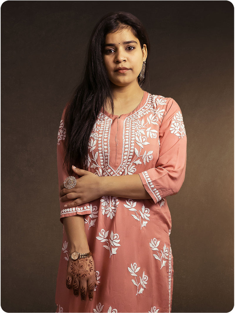 Floral Chikankari Modal Set - Pink