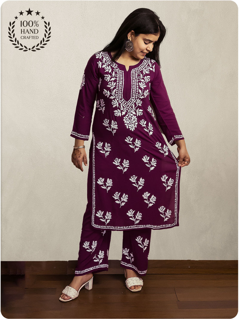 Floral Chikankari Modal Set - Purple