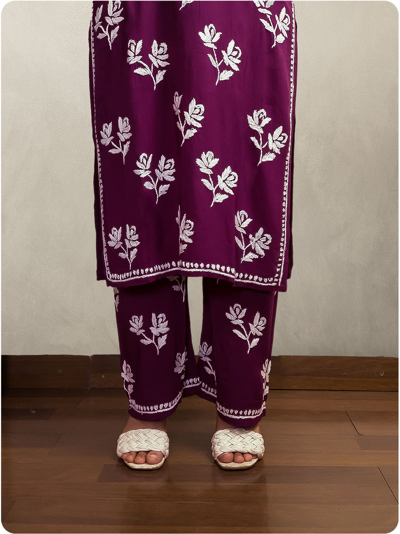 Floral Chikankari Modal Set - Purple