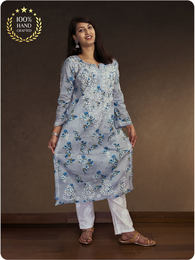 Mulmul Chikankari Kurta - Grey