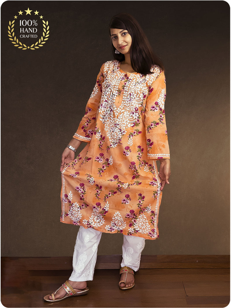 Mulmul Chikankari Kurta - Orange