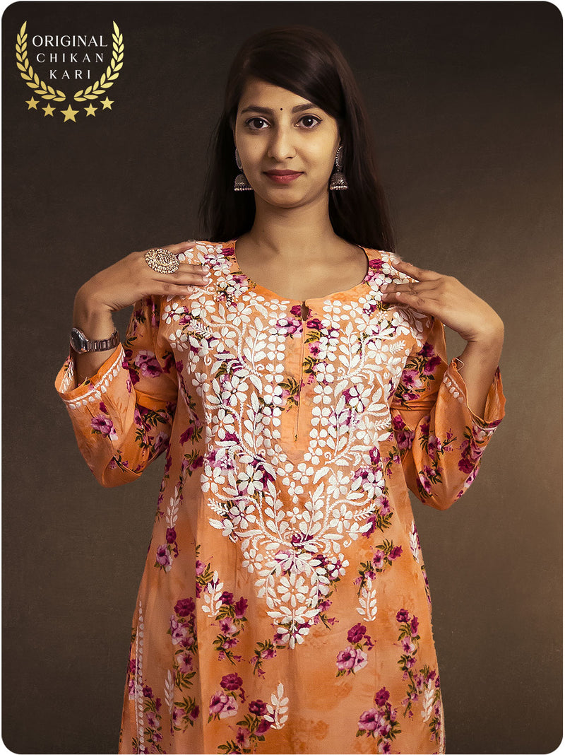 Mulmul Chikankari Kurta - Orange